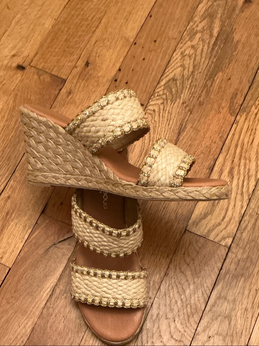Andre Assous Cream Braided Espadrille Wedge Sandals with Gold Trim